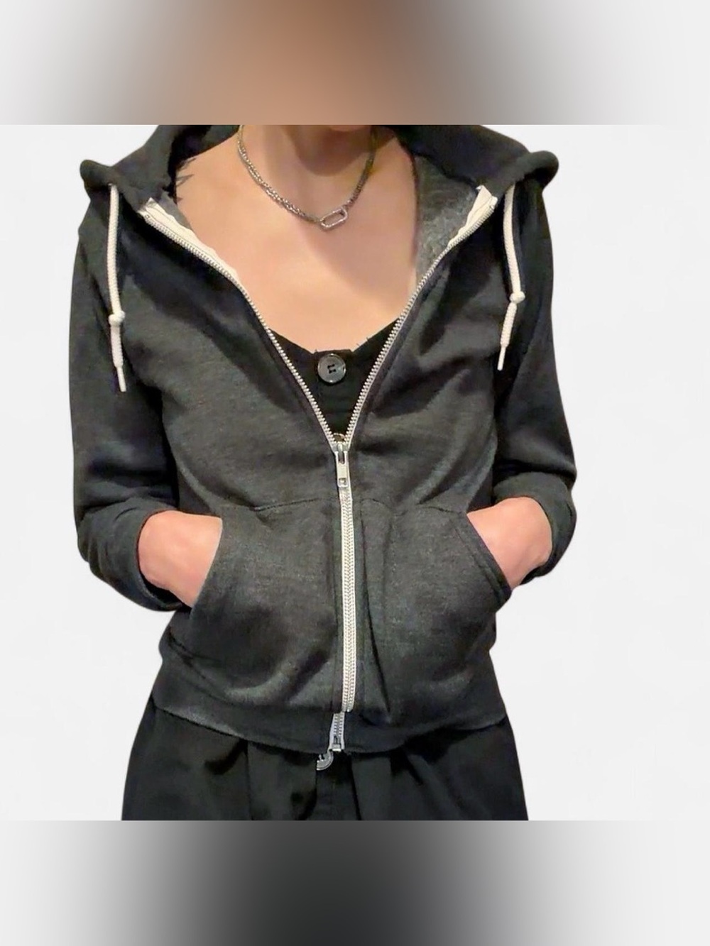 American Apparel grey Zip-Up Hoodie with White Drawstrings